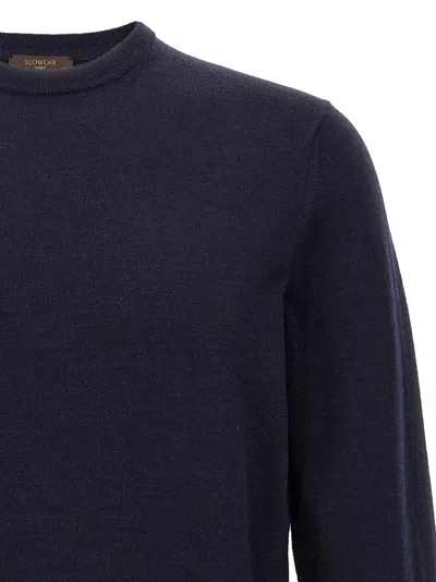 Zanone Crew Neck Wool Sweater With Ribbed Cuffs In Blue