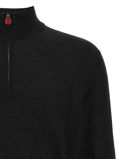Kiton Wool Long Sleeve Polo With Ribbed Cuffs And Hem In Black