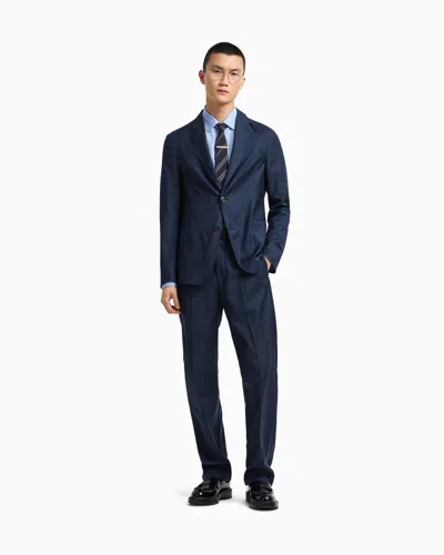 Emporio Armani Icon Tropical Light Wool Canvas Trousers In Blue