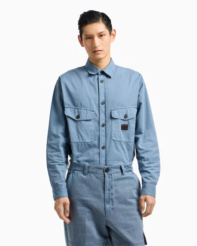 Emporio Armani Comfort-fit Shirt With Washed Twill Pockets In Blue