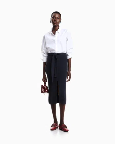 Emporio Armani Wool Long Skirt With Slit And Belt In Blue