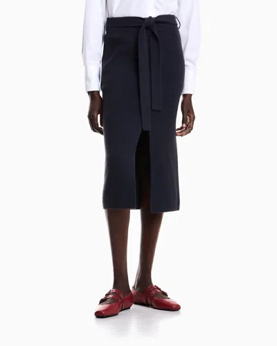 Emporio Armani Wool Long Skirt With Slit And Belt In Blue