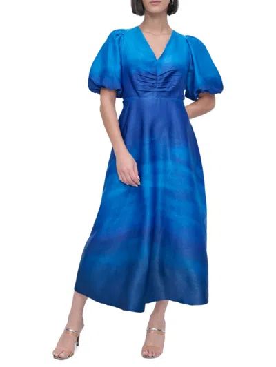 Dkny Ruched Printed Satin Midi Dress In Blue