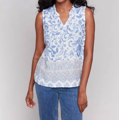 Charlie B Printed Sleeveless Ruffle Neck Top In Royal In Blue