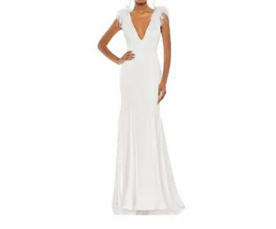 Mac Duggal Feather-embellished Deep V-neck Gown In White
