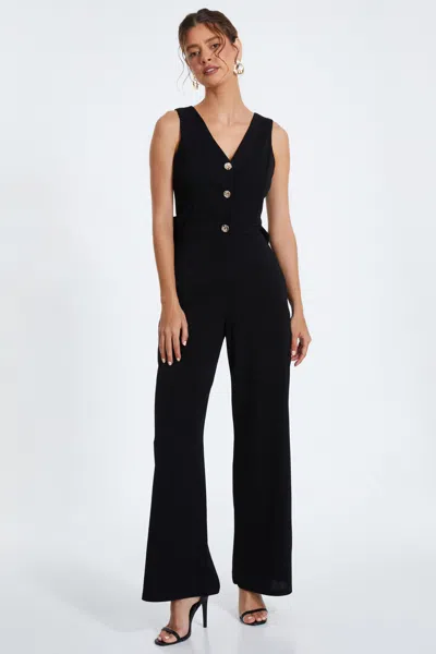 Quiz Button Front Scuba Crepe Jumpsuit With Open Back In Black