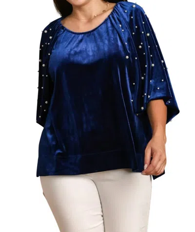Umgee Velvet Round Neck With Pearl Sleeves In Teal Blue In Blue