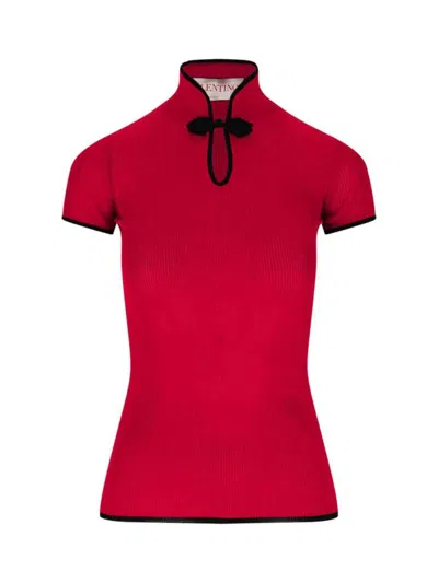 Valentino Sleeves Detail Mandarin Collar Ribbed Texture In Red
