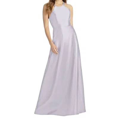 Alfred Sung Halter Neck Satin Crisscross Gown In Moondance In Silver