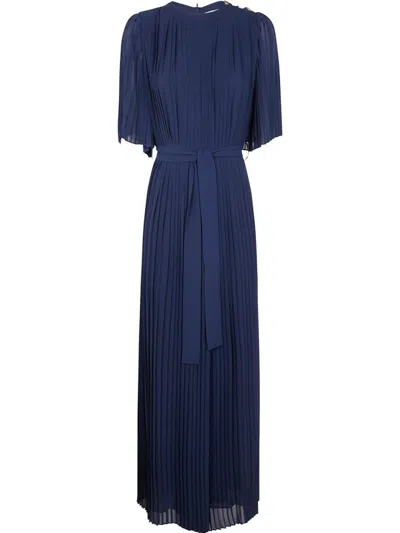 Twinset Twin-set Navy Blue Fully Pleated Maxi Dress In Blue