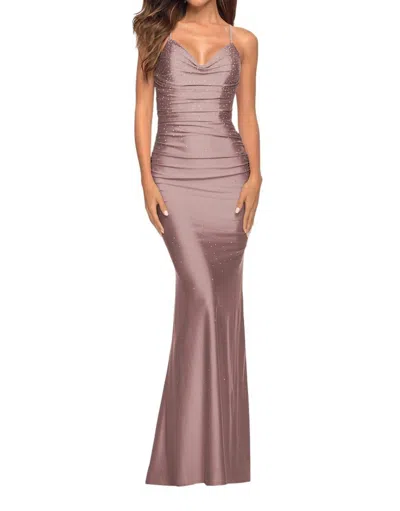 La Femme Long Jersey Dress With Rhinestones In Mauve In Purple