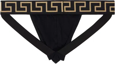 Versace Stretch Cotton Jock Strap With Medusa Greca Logo In Black Gold