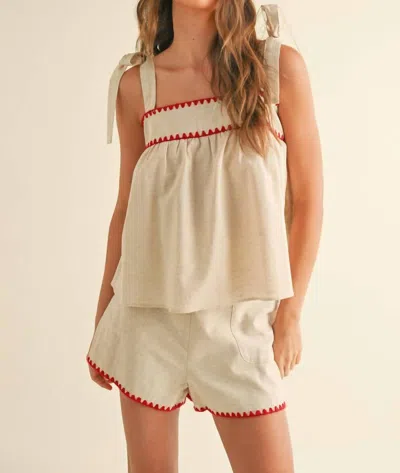 Miou Muse Red Trim Linen Shorts In Oatmeal Red In White