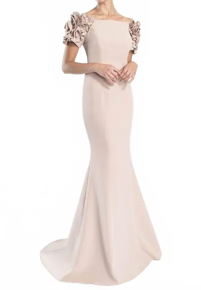 Alexander By Daymor Long Beaded Ruffle Formal Evening Dress In Suntan