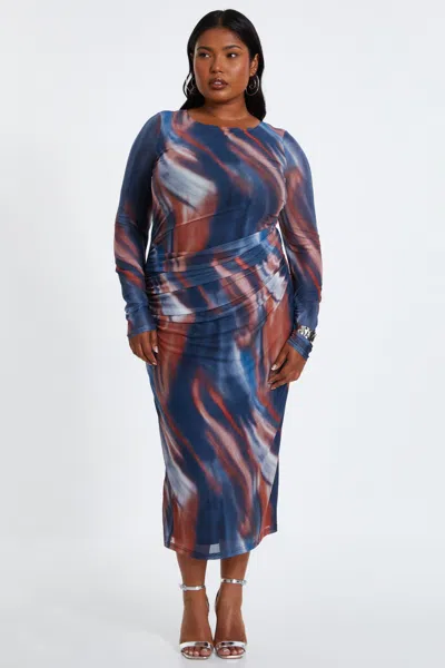 Quiz Women's Plus Size Mesh Marble Round Neck Long Sleeve Maxi Dress In Blue