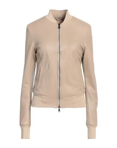 10sei0otto Woman Jacket Camel Size 6 Leather, Cotton In Brown