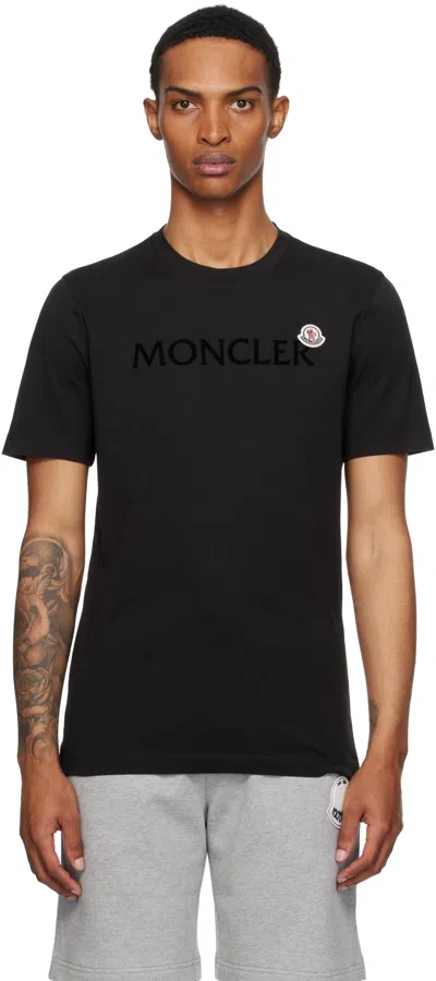 Moncler Men T-shirt With Flocked Cotton Logo In Black