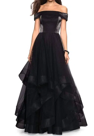 La Femme Off-the Shoulder Tulle Dress With Tiered Ruffle Skirt In Black In Black