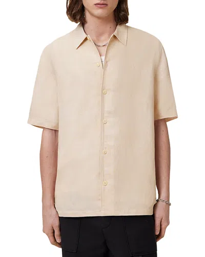 Allsaints Mens Hammock Taupe Bandol Relaxed-fit Short-sleeve Linen-blend Shirt Xxl In Neutral