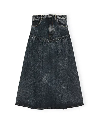 Ganni Black Washed Denim Long Skirt In Black