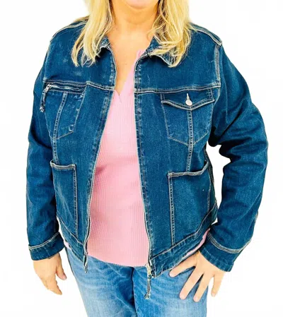 White Birch Stitch Detailed Zip Up Front Denim Jacket In Dark Denim In Blue