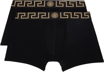 Versace Two-pack Black Greca Border Long Boxer Briefs In Black
