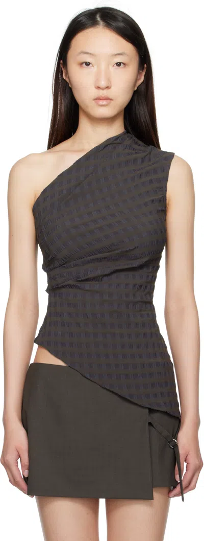 Paloma Wool Win Asymmetric Gingham Seersucker One-shoulder Top In Brown