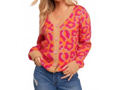 Southern Grace Funky Feline Leopard Cardigan In Pink In Red