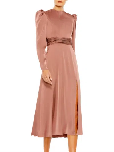 Mac Duggal High Neck Long Sleeve Midi Dress In Mauve In Pink