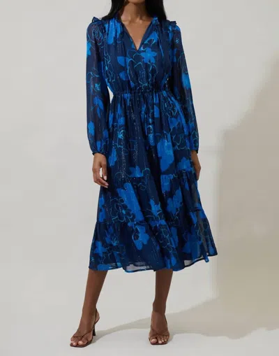Sugarlips Bluford Floral Kristen Tiered Midi Dress In Navy Ice Blue In Blue