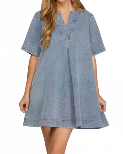 Bns Washed Denim V- Neck Dress With Pockets