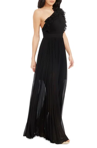 Dress The Population Vida One-shoulder Pleated Chiffon Gown In Black In Black