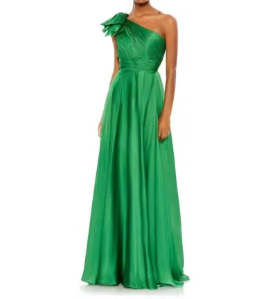 Mac Duggal Pleated One Shoulder Chiffon Gown In Green