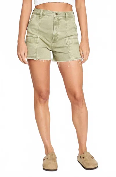 Daze Knockout High Waist Cargo Denim Cutoff Shorts In Matcha In Green