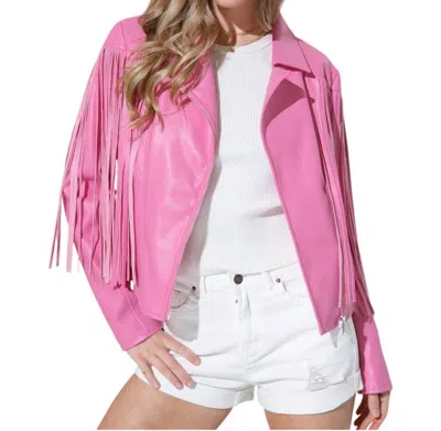 Blue B Faux Leather Moto Fringe Jacket In Fuchsia In Pink