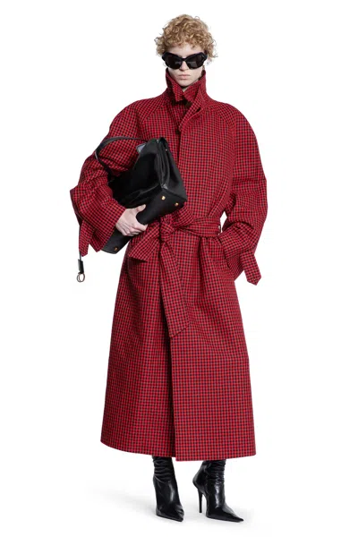 Balenciaga Houndstooth-pattern Belted Coat In Red