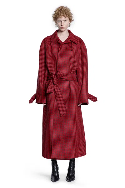 Balenciaga Houndstooth-pattern Belted Coat In Red