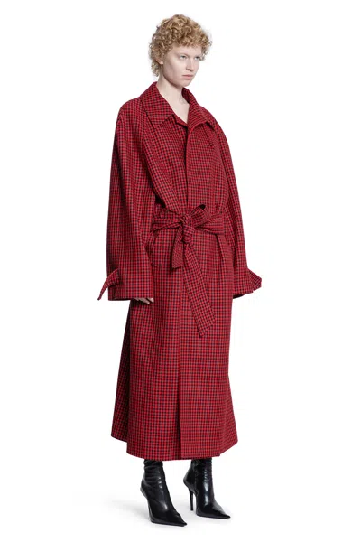 Balenciaga Houndstooth-pattern Belted Coat In Red