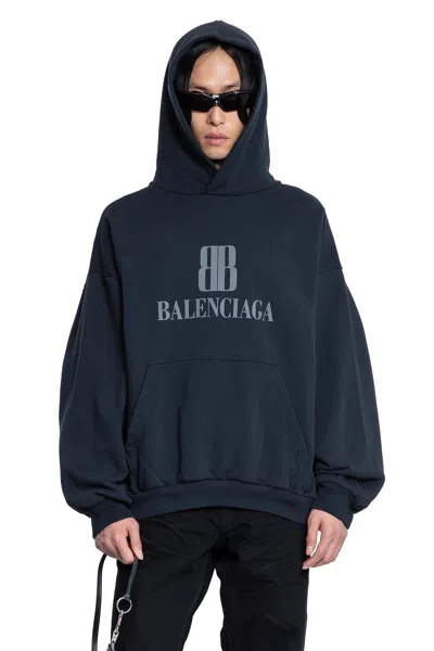Balenciaga Black Hoodie With Fixed Hood And Logo Lettering On The Front In Cotton Man In Blue