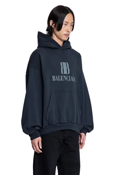 Balenciaga Black Hoodie With Fixed Hood And Logo Lettering On The Front In Cotton Man In Blue