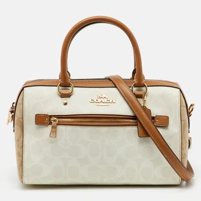 Pre-owned Coach Off White/brown Signature Coated Canvas And Leather Rowan Boston Bag