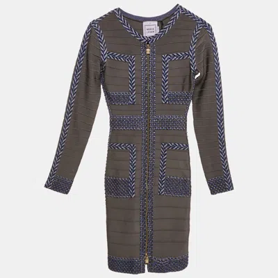 Pre-owned Herve Leger Grey/blue Beaded Knit Bandage Keslyn Dress Xs