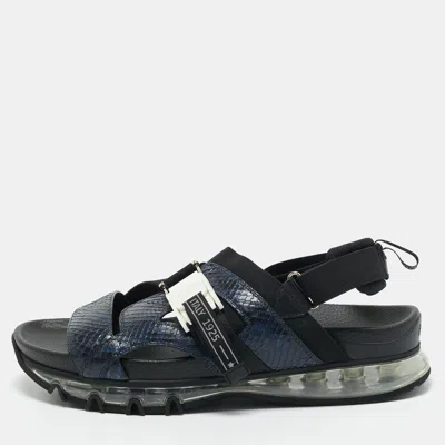 Pre-owned Fendi Navy Blue/black Python And Elastic Strap Flat Sandals Size 45