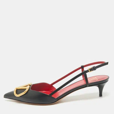 Pre-owned Valentino Garavani Black Leather Escape V Logo Slingback Pumps Size 38