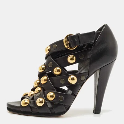 Pre-owned Gucci Black Leather Babouska Studded Criss Cross Open Toe Sandals Size 37