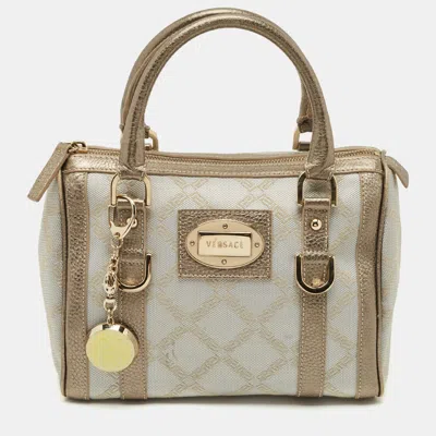 Pre-owned Versace Grey/metallic Beige Jacquard Canvas And Leather Satchel