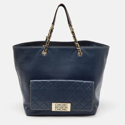 Pre-owned Ch Carolina Herrera Navy Blue Leather Front Pocket Shopper Tote