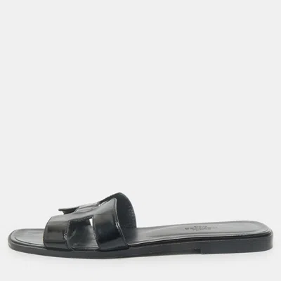 Pre-owned Hermes Black Patent Leather Oran Flat Slides Size 37.5