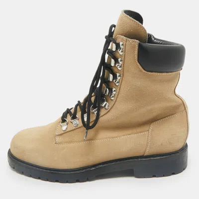 Pre-owned Balmain Beige/black Suede And Leather Combat Boots Size 41 In Sand