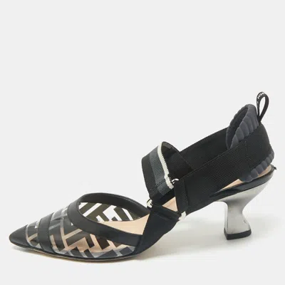 Pre-owned Fendi Black Leather And Zucca Pvc Colibri Slingback Pumps Size 37